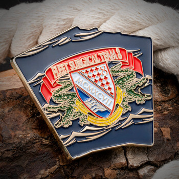 Fleet Surgical Team 8 custom challenge coin featuring a red banner, a shield with MCMXCVII, and two green alligators on a dark blue background.