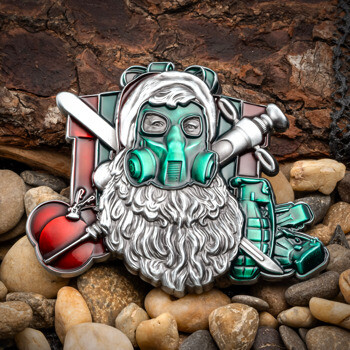 Custom challenge coin featuring a bearded Santa Claus wearing a green gas mask, surrounded by tactical gear and grenades in red and green enamel.