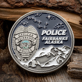 Custom Fairbanks Alaska Police challenge coin featuring a silver officer badge, mountain range, and night sky constellation on a dark blue background.