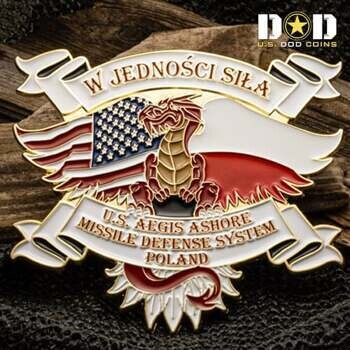Custom shaped challenge coin featuring a red dragon with the US and Polish flags and the text U.S. Aegis Ashore Missile Defense System Poland.