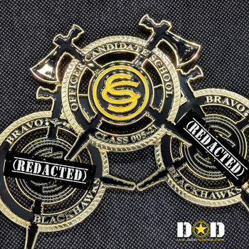 Gold and black challenge coin featuring Officer Candidate School text, a double S logo, crossed hatchets, and Blackhawk Bravo text.