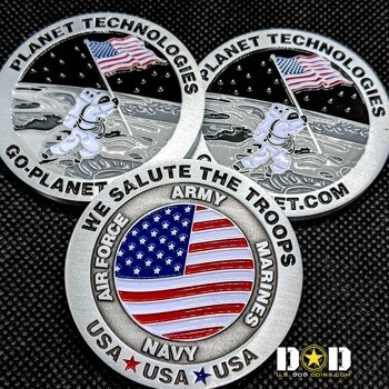 Challenge coins featuring an astronaut planting a flag on the moon and a US flag emblem honoring the Army, Air Force, Marines, and Navy.
