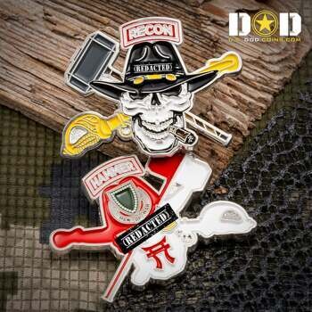 Custom shaped lapel pin featuring a skull wearing a cowboy hat, a cigar, and a hammer, with 'Recon' and 'Hammer' banners.