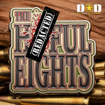 Custom shaped challenge coin featuring 'The Hateful Eights' text with a redacted stamp design, displayed over rifle ammunition.