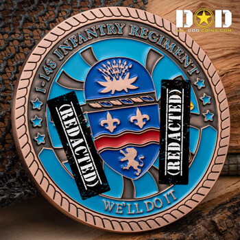 Antique bronze challenge coin for the 1-148 Infantry Regiment featuring a blue shield with fleur-de-lis and a lion.