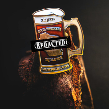 Beer mug shaped challenge coin for the 128th Civil Engineer Squadron and Air Refueling Wing featuring the state of Wisconsin.