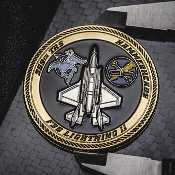 Circular challenge coin featuring an F-35 Lightning II jet, a hammerhead shark logo, and the 359th TRS Hammerheads text.