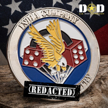 Silver challenge coin featuring a golden eagle, red dice, and a parachute emblem with India Company text.