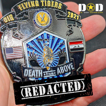 Shield-shaped challenge coin featuring the Flying Tigers 2021 logo, a leaping tiger design, American and Iraqi flags, and the text Death From Above.
