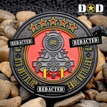 Challenge coin featuring a steam locomotive design with five stars, red background, and 5th Battalion Artillery text.