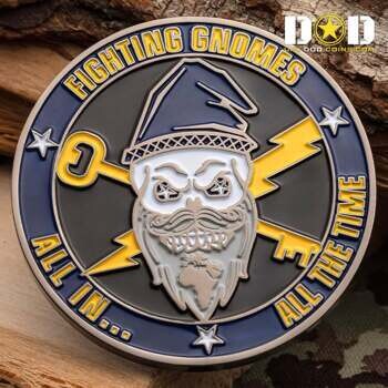 Fighting Gnomes challenge coin featuring a bearded gnome with a wizard hat, lightning bolt, and key on a blue and grey background.