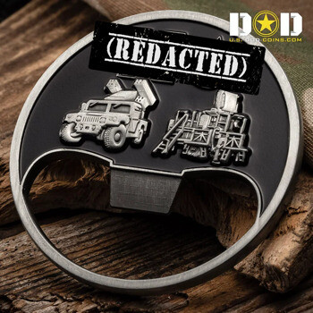 Antiqued silver bottle opener challenge coin featuring a 3D military vehicle and radar equipment on a black background.