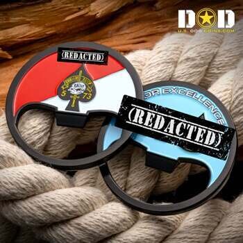 Custom bottle opener challenge coin with black plating, featuring a red and white background with the Charlie Troop 5-73 insignia.