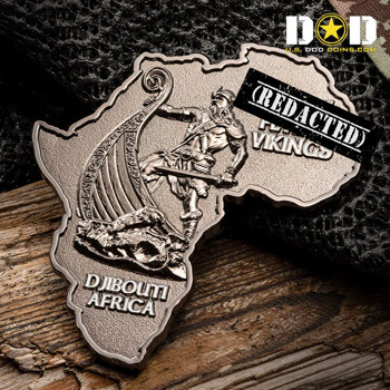 Africa-shaped challenge coin featuring a Viking on a ship with Djibouti Africa and Vikings text.