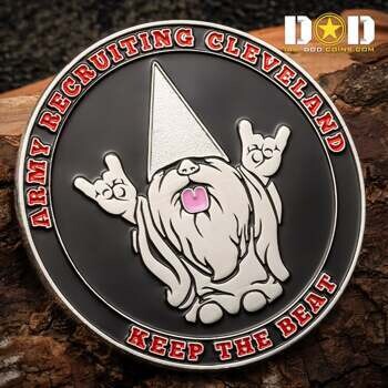 Circular challenge coin for Army Recruiting Cleveland featuring a bearded gnome with rock hand gestures and the text Keep the Beat.