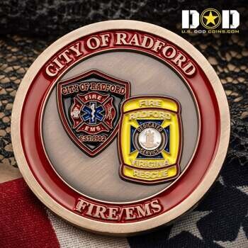 Circular challenge coin for City of Radford Fire EMS featuring a red fire shield and a yellow rescue emblem on an antiqued silver background with a red border.