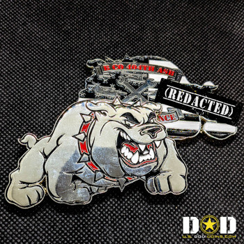 Custom cut-out challenge coin featuring a silver bulldog with a spiked collar in front of a flag and B CO 404TH ASB text.