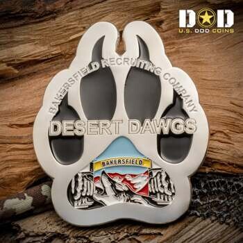Paw-shaped challenge coin featuring Bakersfield Recruiting Company Desert Dawgs text and a howling wolf design.