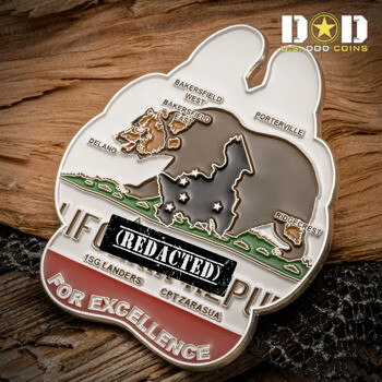 Custom shaped challenge coin featuring the California grizzly bear, regional city names, and 'For Excellence' text on a white and red background.