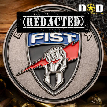 Circular challenge coin featuring a silver gauntlet clutching a red lightning bolt over a blue and black shield with the text FIST.
