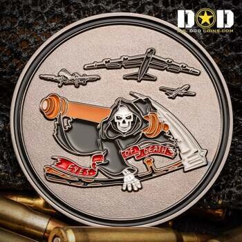 Circular challenge coin featuring a grim reaper holding a scythe and banner with military aircraft flying above on a textured silver background.