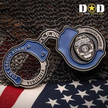 Handcuff shaped challenge coin featuring blue enamel, Fort Gregg-Adams Virginia text, and a detailed Civilian Police badge emblem.