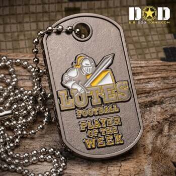 Custom dog tag necklace featuring a knight mascot and Lutes Football Player of the Week text on an antiqued metal finish.