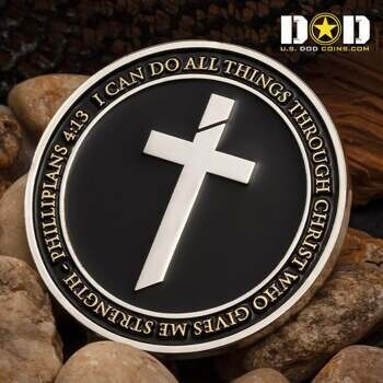 Silver challenge coin featuring a central cross on a black background with the Philippians 4:13 bible verse around the border.