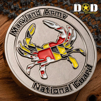 Maryland Army National Guard challenge coin featuring a blue crab with the Maryland state flag pattern in enamel.