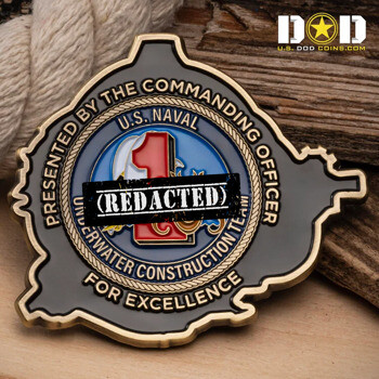 Custom challenge coin for U.S. Naval Underwater Construction Team 1 presented by the Commanding Officer for excellence.
