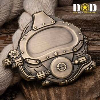Antiqued brass challenge coin shaped like a vintage deep-sea diving helmet with detailed rivets and gear features.