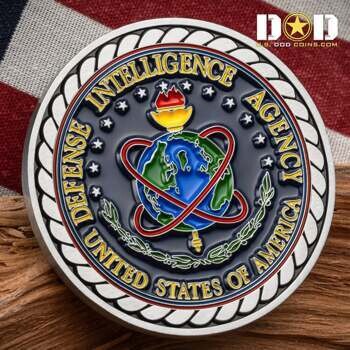 Defense Intelligence Agency challenge coin featuring a globe with red orbits, a torch, and a rope border design.
