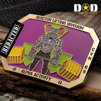 Shield-shaped challenge coin for Reactor Lifting Division CVN 68 featuring a muscular rat weightlifting against a purple and green background.