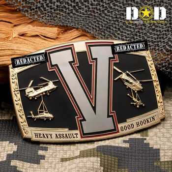 Rectangular belt buckle featuring a large V, military helicopters lifting cargo, and text reading Heavy Assault Good Hookin'.