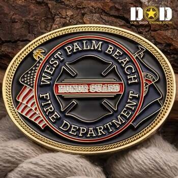 West Palm Beach Fire Department Honor Guard challenge coin featuring a Maltese cross, American flag, and rope border.