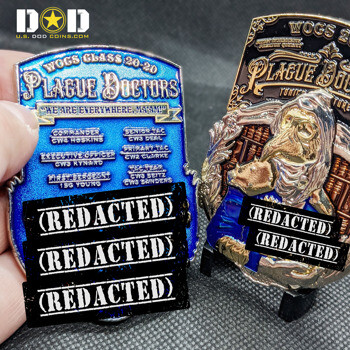 Custom shield-shaped challenge coins featuring blue glitter enamel, a plague doctor illustration, and listed military ranks and names.