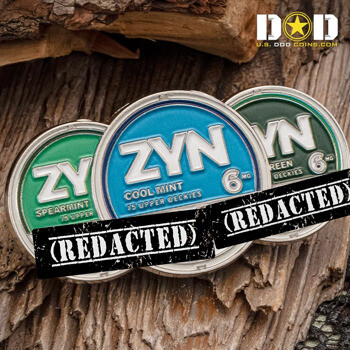 Set of three ZYN themed challenge coins in blue and green enamel featuring Cool Mint and Spearmint designs.