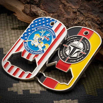 Two dog tag shaped bottle opener challenge coins featuring American and German flag designs with Cyber Knights and Ramstein Germany emblems.