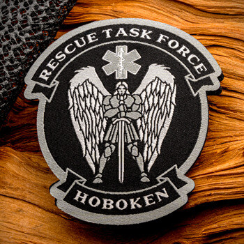 Hoboken Rescue Task Force embroidered patch featuring a winged guardian with a sword and Star of Life emblem.