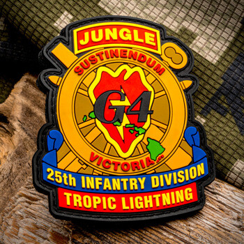 Custom PVC rubber patch featuring the 25th Infantry Division Tropic Lightning G4 design with Jungle tab and Hawaii island map details.