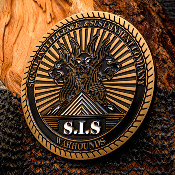 Custom S.I.S Warhounds challenge coin featuring a three-headed dog design and gold accents.