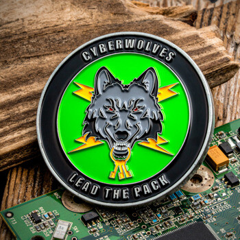 Cyberwolves Lead The Pack challenge coin featuring a wolf head with lightning bolts on a green background.