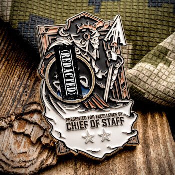 Custom military challenge coin featuring a Spartan warrior design, two stars, and text reading Presented for Excellence by Chief of Staff.