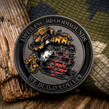 239th FSC Bloodhounds military challenge coin featuring a bloodhound emblem and brick wall design on camouflage and wood.