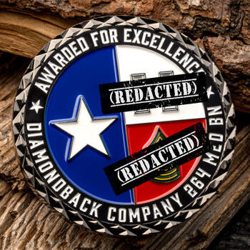 Round challenge coin featuring the Texas flag design with a white star on a blue, white, and red background, bordered by a textured silver diamond edge.
