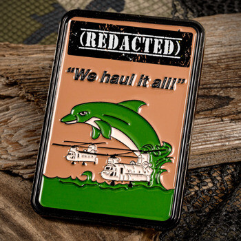 Rectangular challenge coin featuring a jumping green dolphin, and two helicopters over water.