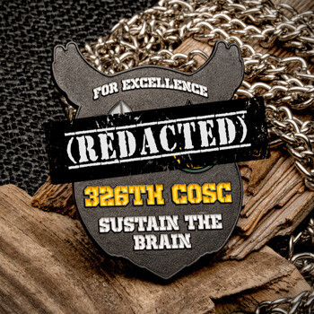Shield-shaped black challenge coin for the 326th COSC featuring the text Sustain The Brain, displayed on wood with a silver chain.