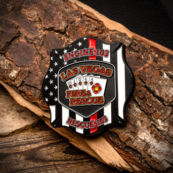 Maltese cross challenge coin featuring Las Vegas Fire & Rescue Engine 103 with playing cards and thin red line flag design.