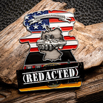 Custom challenge coin featuring a tank on a map of Germany with American and German flag backgrounds.