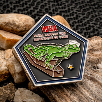 Pentagonal challenge coin featuring a green iguana wearing a sailor hat, labeled WHA Naval Support Unit Department of State.
